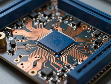 Close-up of a high-performance circuit board with copper traces and deep blue components, expertly soldered, showcasing engineering precision in a professional laboratory.