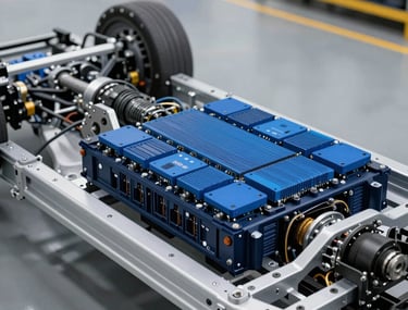 Modern electric vehicle chassis showing the complex navy and blue power electronics module installed within the frame, captured in a bright factory.