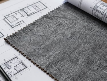 Detailed shot of an architectural blueprint overlaying a high-end textured gray fabric sample on a desk.