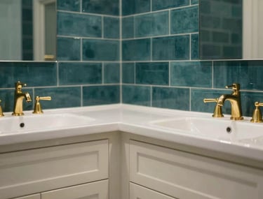 Clean, high-resolution photo of a finished bathroom featuring dark teal tiles, off-white cabinetry, and gold fixtures in a modern US home.