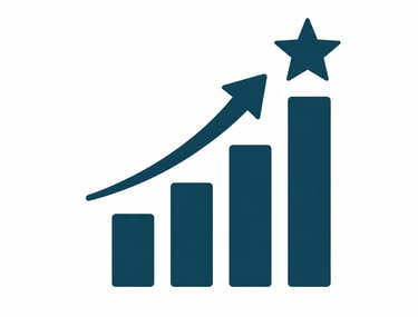 A blue bar chart icon showing upward growth with a rising arrow and a star symbol.