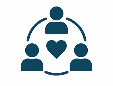 Blue social icon of three people in a circle around a heart symbolizing community care and support.