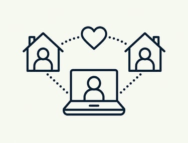 Line art icon of a laptop connecting people in houses with a heart, representing remote community and connection.