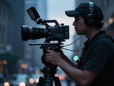 An atmospheric shot of a professional camera operator in a dark North American urban setting. Cinematic backlighting creates a steel blue halo, emphasizing the silhouette and high-end equipment.