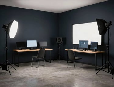 Wide shot of a modern, North American minimalist studio space. Dark navy walls, large monitors, and professional cinematic lighting equipment visible.
