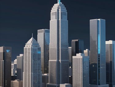 A futuristic 3D city scene with light gray skyscrapers and dark navy sky. Glowing steel blue highlights on the architecture, North American urban layout.