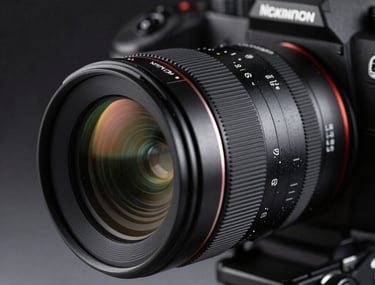 Close-up photography of a professional camera rig with a macro lens, set against a dark background with light gray highlights. The lighting is dramatic and cinematic, focused on the intricate textures of the high-end lens housing.