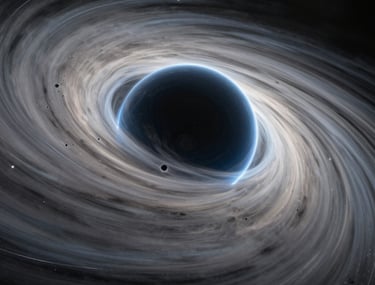 An artistic representation of a black hole with a glowing accretion disk in steel blue and light gray. Sophisticated 3D cinematic style.