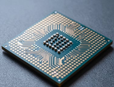 Macro shot of a high-tech processor with light gray circuits glowing under a steel blue light. Professional studio photography.