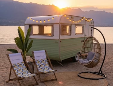 Caravane photobooth installée sur la plage au bord du lac Léman.