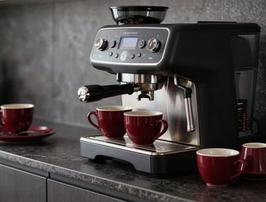 A sleek, dark North American kitchen counter with a high-end coffee setup and deep crimson ceramic cups, elegant and professional.
