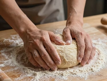 A close-up of hands kneading dough on a flour-dusted parchment surface, warm earthy brown lighting, captured for a bakery social media campaign.