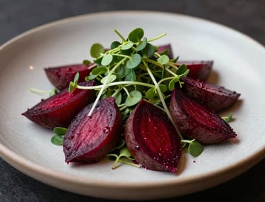 Macro photography of a perfectly plated seasonal salad in a North American restaurant, highlighting the rich crimson of heirloom beets and forest green microgreens on a matte parchment-colored ceramic plate.