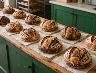 An overhead view of a rustic sourdough bakery counter in a North American city, with forest green accents and fresh loaves on parchment paper.