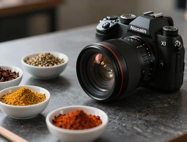 A modern North American workspace with a high-end camera and several open bowls of spices, reflecting the fusion of tech and artisanal cooking.