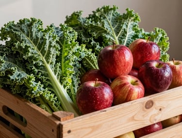 A wooden crate overflowing with fresh forest green kale and deep crimson apples, lit by warm North American afternoon sun.
