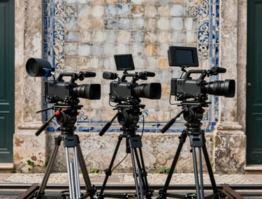 A professional video production setup in a historic Portuguese building. Modern cameras on rails in front of an ancient tiled wall. Contrast between old and new technology.
