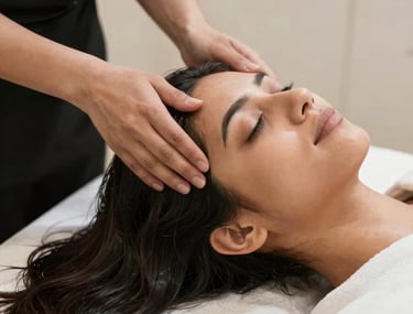 Close-up of a woman’s glowing face receiving a gentle facial massage in a luxurious spa setting.
