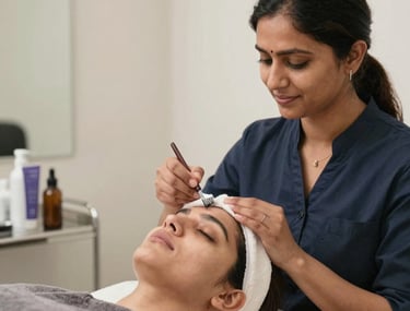 Close-up of a woman’s glowing face receiving a gentle facial massage in a luxurious spa setting.