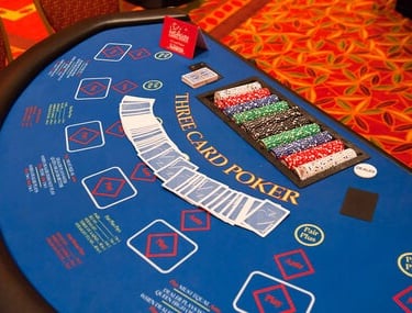 Three Card Poker table with blue felt