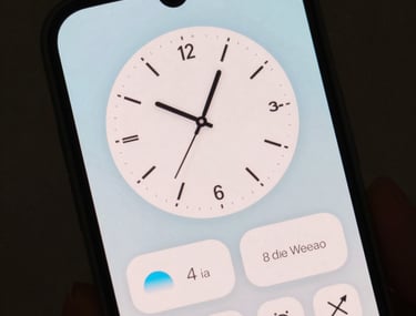 A beautiful close-up photograph of a mobile phone screen displaying a minimalist clock and weather widget on a custom Android home screen. Light blue and off-white color palette.
