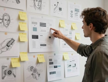 A detailed photograph of a creative studio wall covered in sketches and post-it notes, with a designer standing in front pointing at a specific UI layout.
