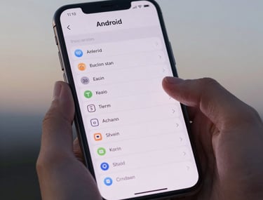 Close-up shot of hands navigating an Android system menu on a large, high-end mobile device. North American / US user, soft evening studio lighting.