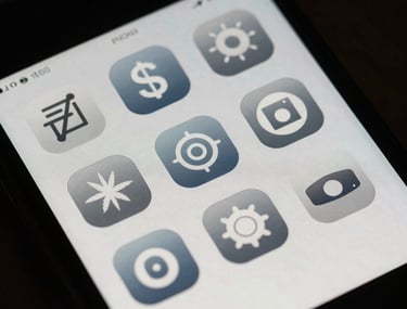 Macro photography of a high-resolution smartphone display showing intricate icons designed in a steel blue and off-white color scheme.