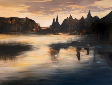peinture d'un lac de montagne un soir au solstice d'été