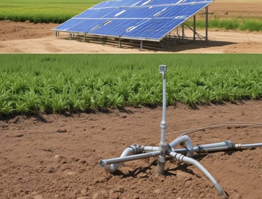 An irrigation system with a concrete water channel and a vertical pipe is set amid a lush, green field of rice plants. The sunlight casts warm tones over the vegetation.