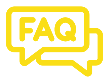 Yellow FAQ icon with two speech bubbles on a black background for frequently asked questions.