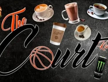 The Court Kiosk menu banner featuring burgers, hot dogs, coffee, and energy drinks near a basketball.