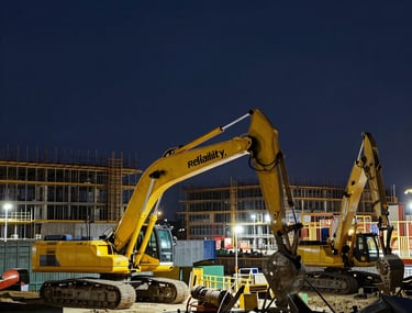 A dramatic nighttime photograph of a lit-up construction site. The warm yellow lights of the machinery contrast with the cool navy shadows, showcasing round-the-clock reliability.