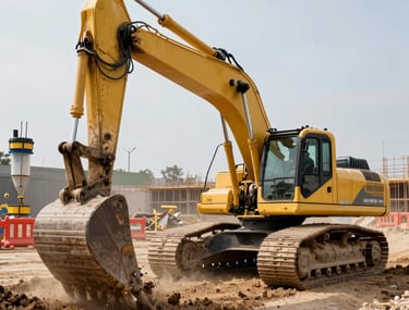 An action shot of a heavy excavator moving earth on a vast construction site. Dust catchers and safety barriers are visible, highlighting the firm's commitment to professional standards.