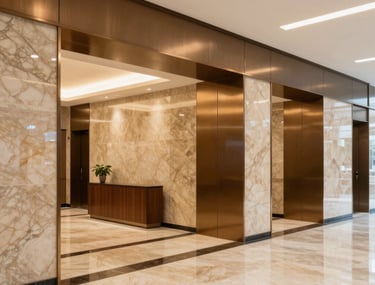 A clean, bright photograph of a commercial office lobby featuring sand-colored marble and bronze metallic accents. The lighting is warm and inviting, emphasizing the quality of finishings.