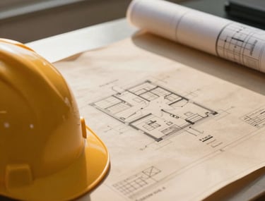 A close-up photograph of architectural plans and blueprints on a table, with a hard hat in the foreground. Natural lighting from a window illuminates the sand-colored paper, conveying precision and expertise in a Middle Eastern / Gulf professional setting.