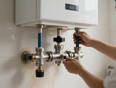 Detailed shot of a professional boiler mounting process on a pristine soft sand kitchen wall in Tekirdağ / Thrace, Turkey. Gentle natural lighting accentuating the dustless, clean installation.