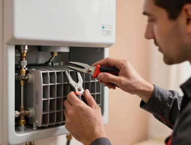 Close-up photography of a friendly heating service technician meticulously inspecting the heat exchanger of a modern domestic gas boiler in Tekirdağ / Thrace, Turkey. The background shows soft sand and warm terracotta tones with cinematic, focused lighting on professional hand tools.