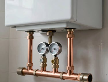 Close-up photography of copper pipes and values cleanly installed beneath a domestic combi boiler in a house in Tekirdağ / Thrace, Turkey. The installation is immaculate and reflects high-quality technical craftsmanship.
