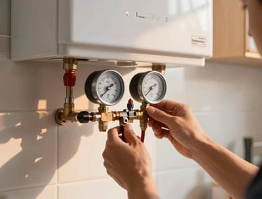 Clean, high-quality photography of a technician's hands gently checking the pressure levels of a wall-mounted boiler in a bright kitchen in Tekirdağ / Thrace, Turkey. Sunlight illuminates the dust-free, professional workspace with warm orange glow.