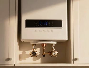 A close-up of a high-efficiency modern boiler beautifully integrated into kitchen cabinets, looking sleek and minimal. The image is shot in cozy warm sunlight in Tekirdağ / Thrace, Turkey.
