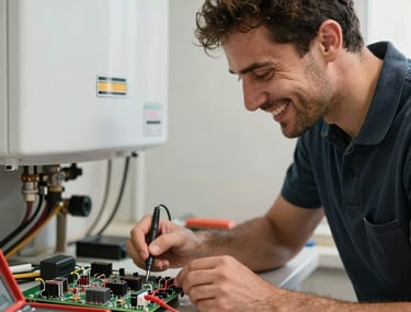 A smiling technician troubleshooting a boiler's electronic circuit board using a modern multimeter tool in Tekirdağ / Thrace, Turkey. Natural soft light, professional toolkit visible nearby, warm friendly tone.