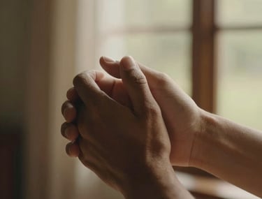 A close-up photograph of hands entwined, captured in soft, natural morning light filtering through a window. The style is cinematic lifestyle photography with a warm, sandy color grade. South American / Brazilian setting.