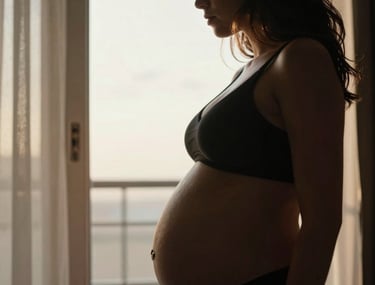 A close up of a pregnant woman's silhouette against a sunlit window. The light creates a warm glow around her. Elegant, artistic, South American / Brazilian.