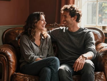 A lifestyle photo of a couple laughing on a vintage leather sofa, sun streaming through a window. Warm charcoal and terracotta tones in the decor.