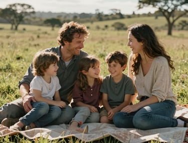 A family laughing together on a large blanket in a sun-drenched meadow. Cinematic, high-quality lifestyle photography. South American.