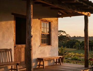 Cinematic photography of a Brazilian farmhouse porch at sunset. Warm lighting, rustic wooden textures, and a cozy, inviting atmosphere.
