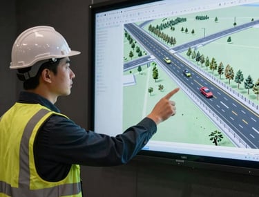 Side view photography of a civil engineer pointing at a 3D model of a highway layout on a screen in a darkened presentation room.
