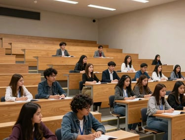 Interior photography of a modern lecture hall in a Latin American university, filled with engineering students and professionals during a seminar.