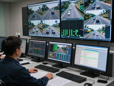 Photography of a high-tech control room for highway traffic management, with multiple monitors showing real-time video and data charts.
